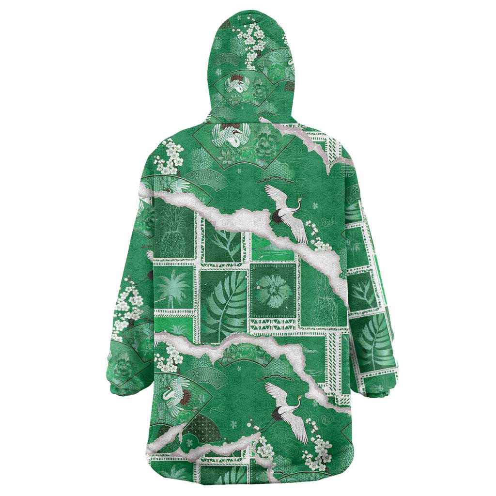 Hawaii Japanese Culture Green Wearable Blanket Hoodie Spring Cranes Aloha Pattern LT01 - Polynesian Pride