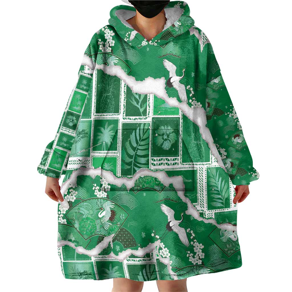 Hawaii Japanese Culture Green Wearable Blanket Hoodie Spring Cranes Aloha Pattern LT01 - Polynesian Pride