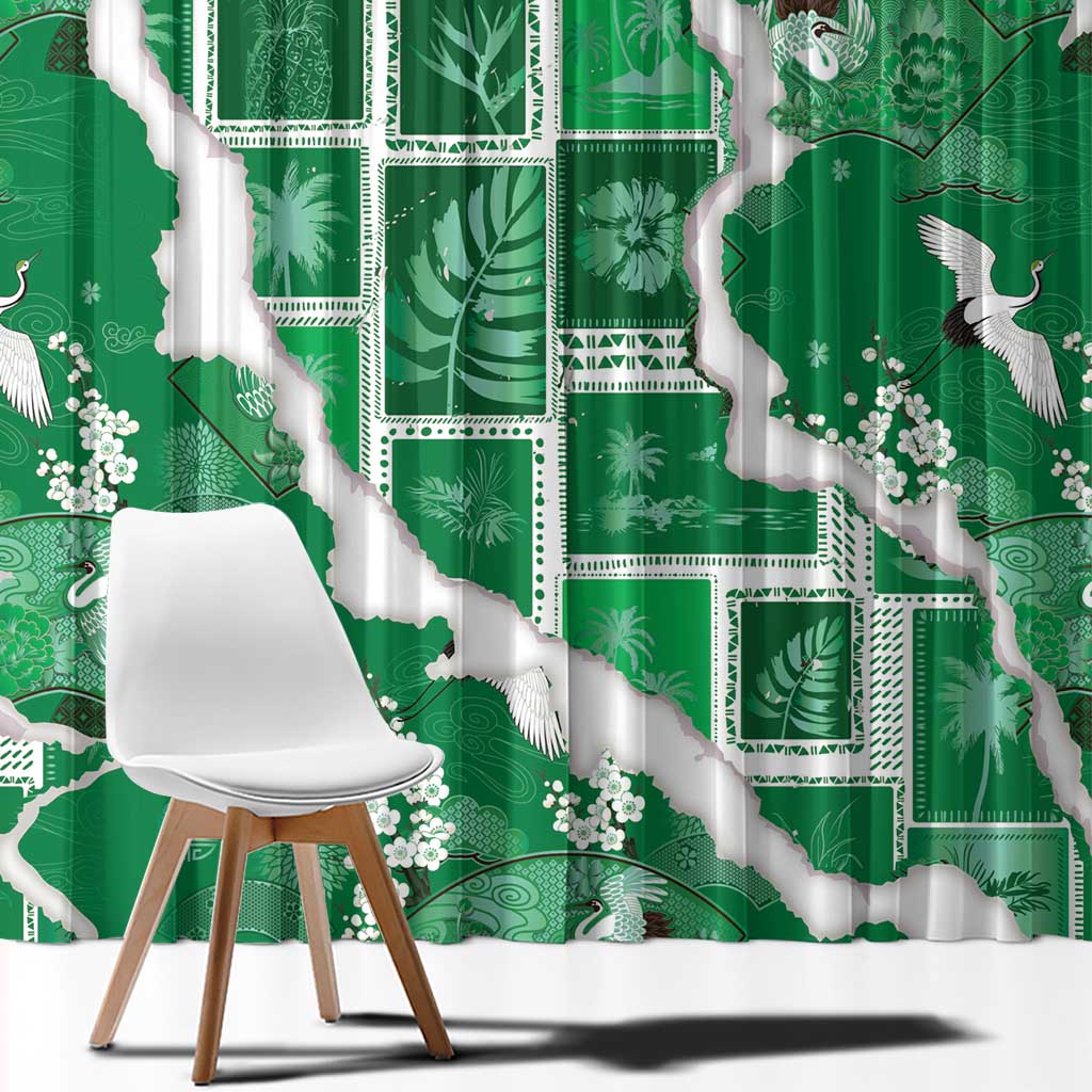 Hawaii Japanese Culture Green Window Curtain Spring Cranes Aloha Pattern