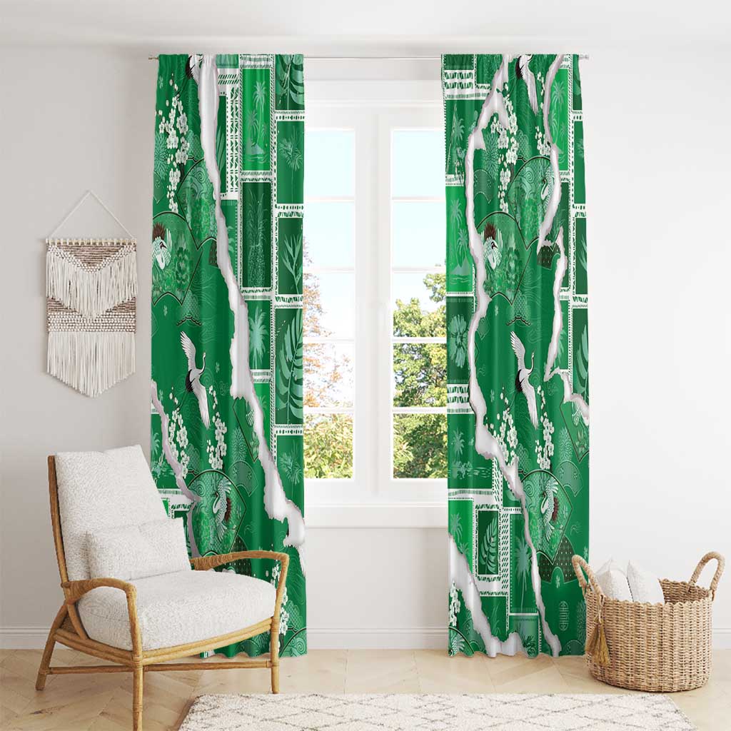 Hawaii Japanese Culture Green Window Curtain Spring Cranes Aloha Pattern