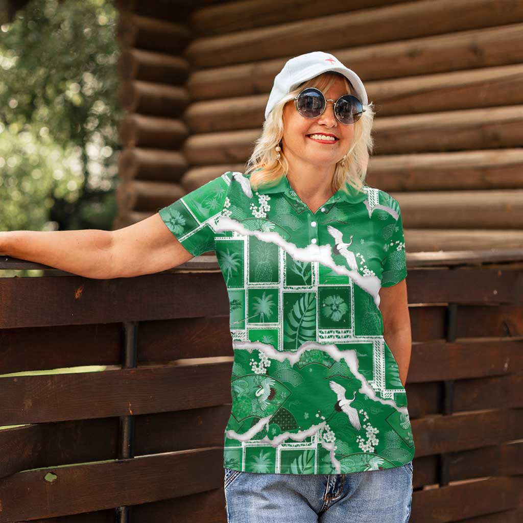 Hawaii Japanese Culture Green Women Polo Shirt Spring Cranes Aloha Pattern
