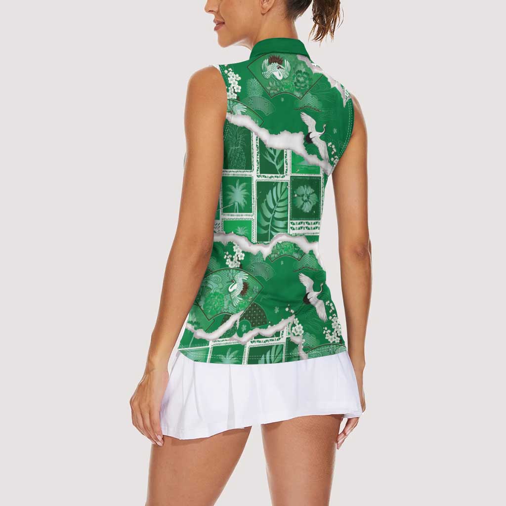 Hawaii Japanese Culture Green Women Sleeveless Polo Shirt Spring Cranes Aloha Pattern