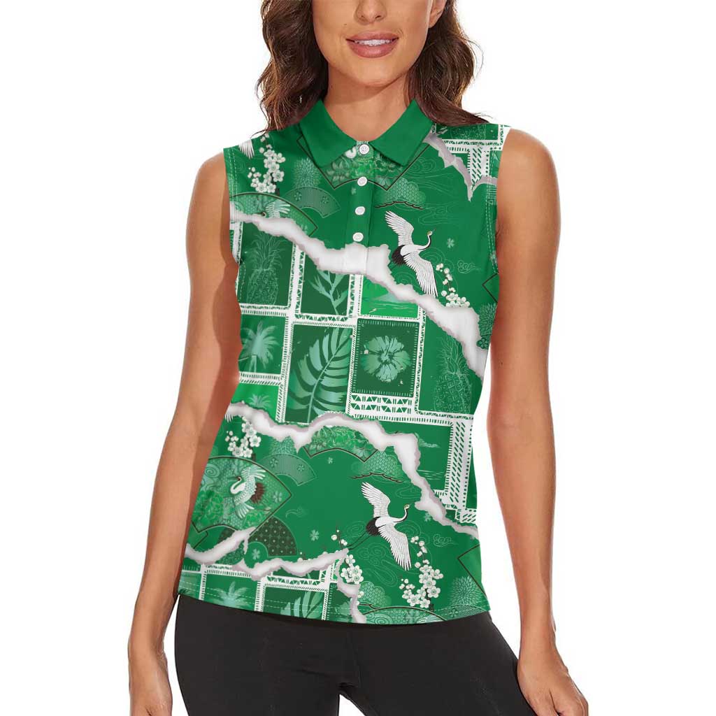 Hawaii Japanese Culture Green Women Sleeveless Polo Shirt Spring Cranes Aloha Pattern