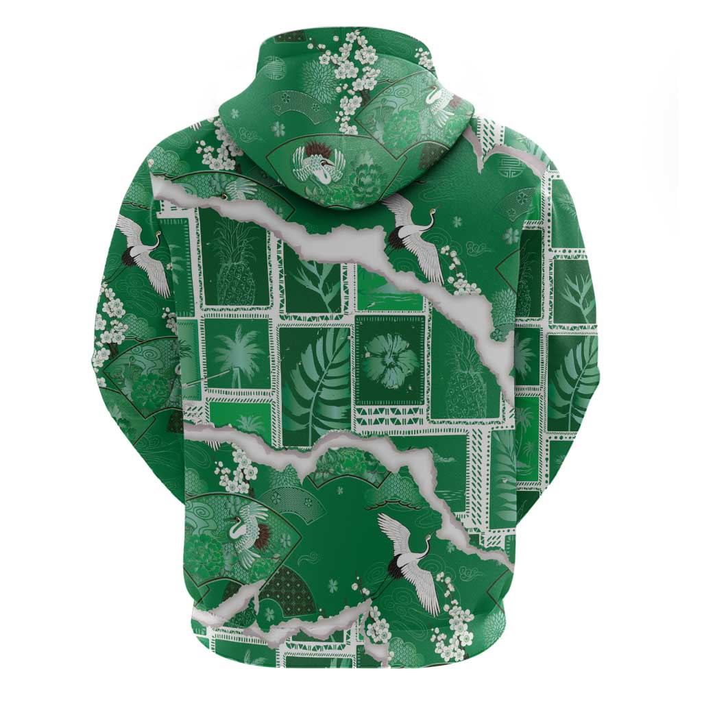 Hawaii Japanese Culture Green Zip Hoodie Spring Cranes Aloha Pattern