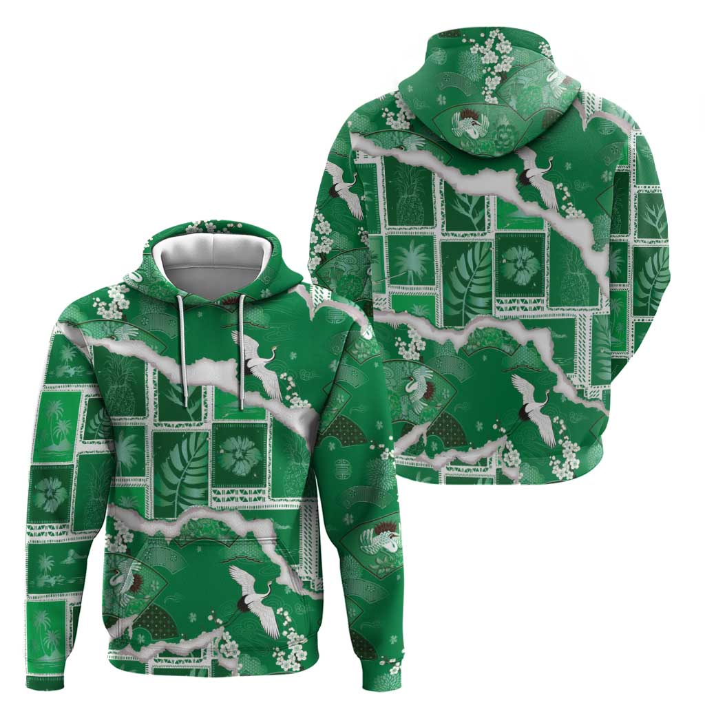 Hawaii Japanese Culture Green Zip Hoodie Spring Cranes Aloha Pattern