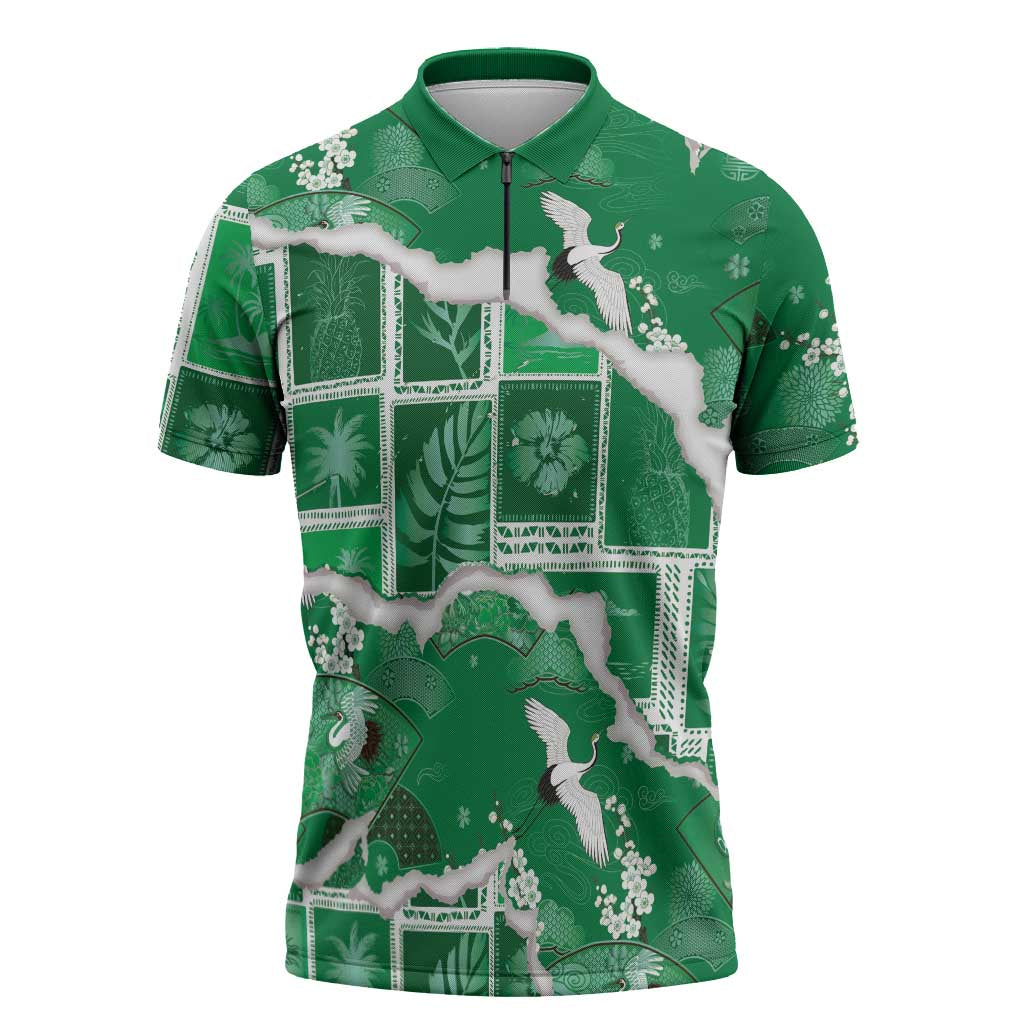 Hawaii Japanese Culture Green Zipper Polo Shirt Spring Cranes Aloha Pattern LT01 Green - Polynesian Pride