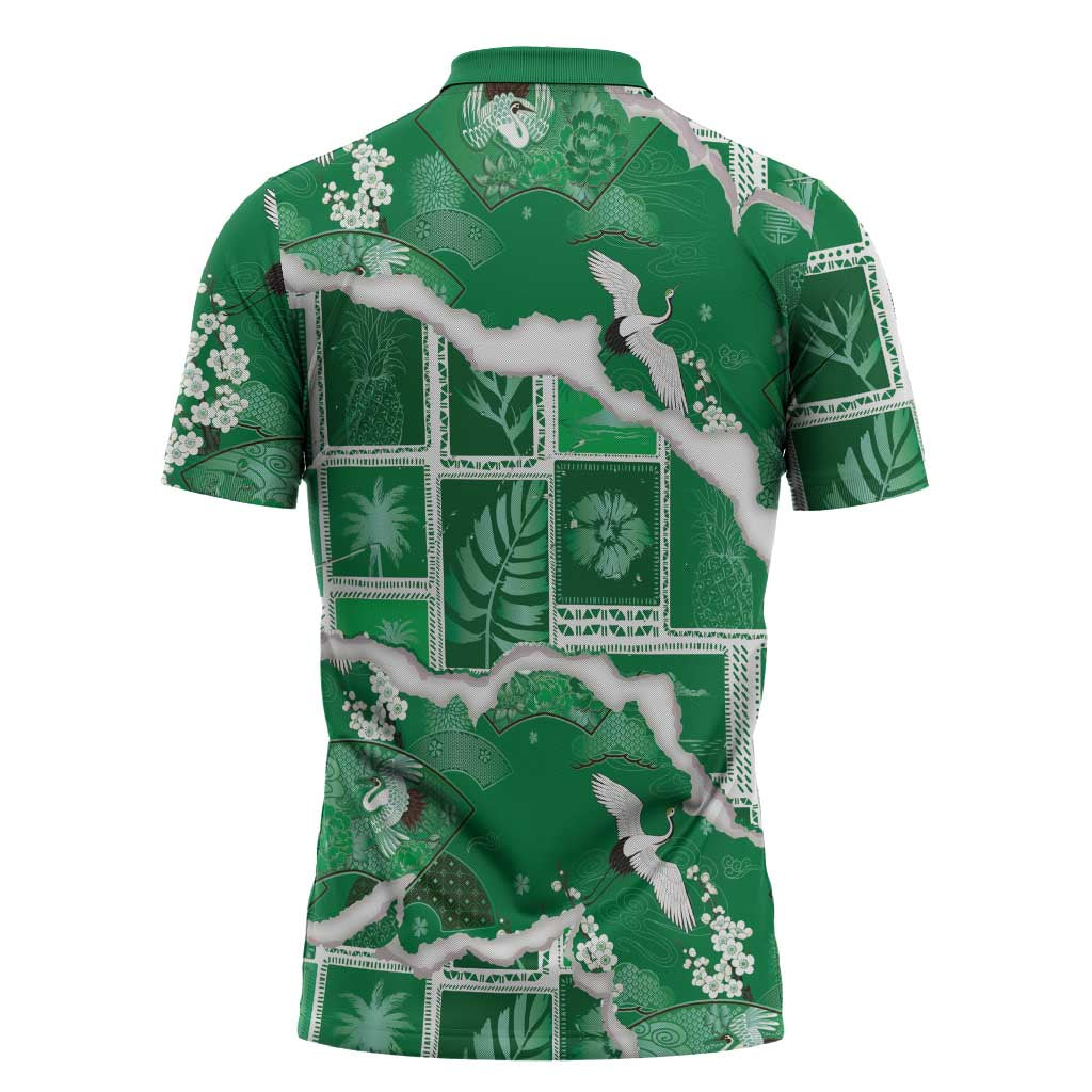Hawaii Japanese Culture Green Zipper Polo Shirt Spring Cranes Aloha Pattern LT01 - Polynesian Pride