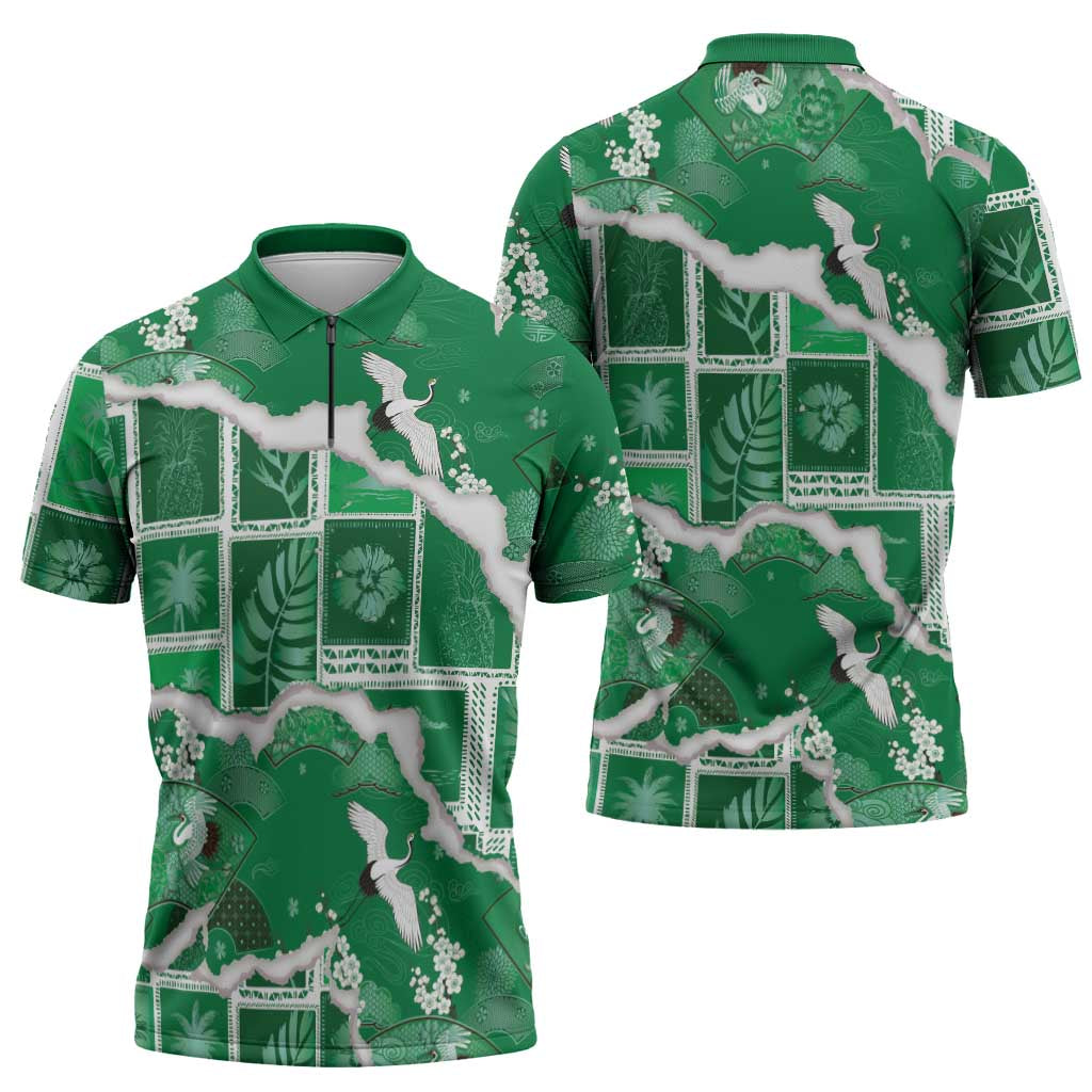 Hawaii Japanese Culture Green Zipper Polo Shirt Spring Cranes Aloha Pattern LT01 - Polynesian Pride