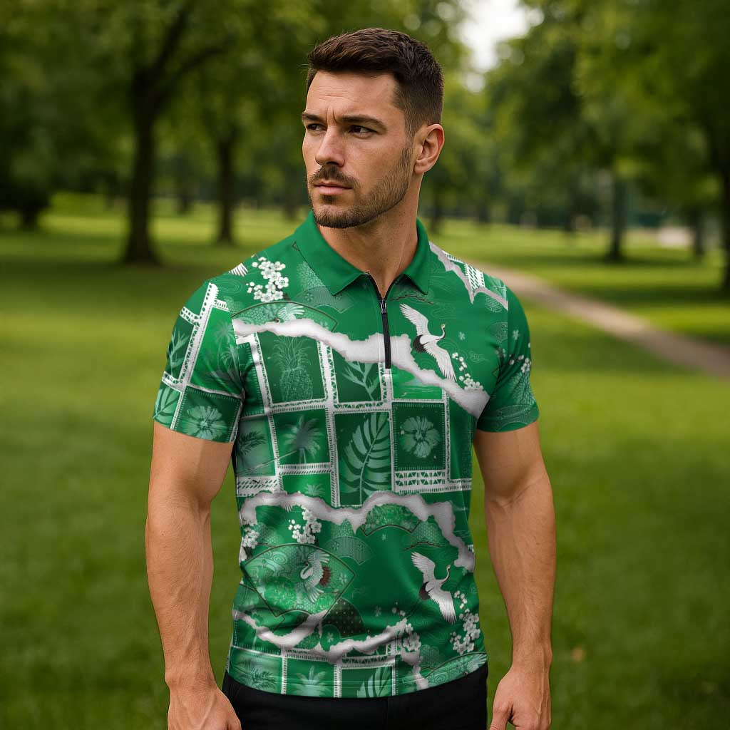 Hawaii Japanese Culture Green Zipper Polo Shirt Spring Cranes Aloha Pattern LT01 - Polynesian Pride