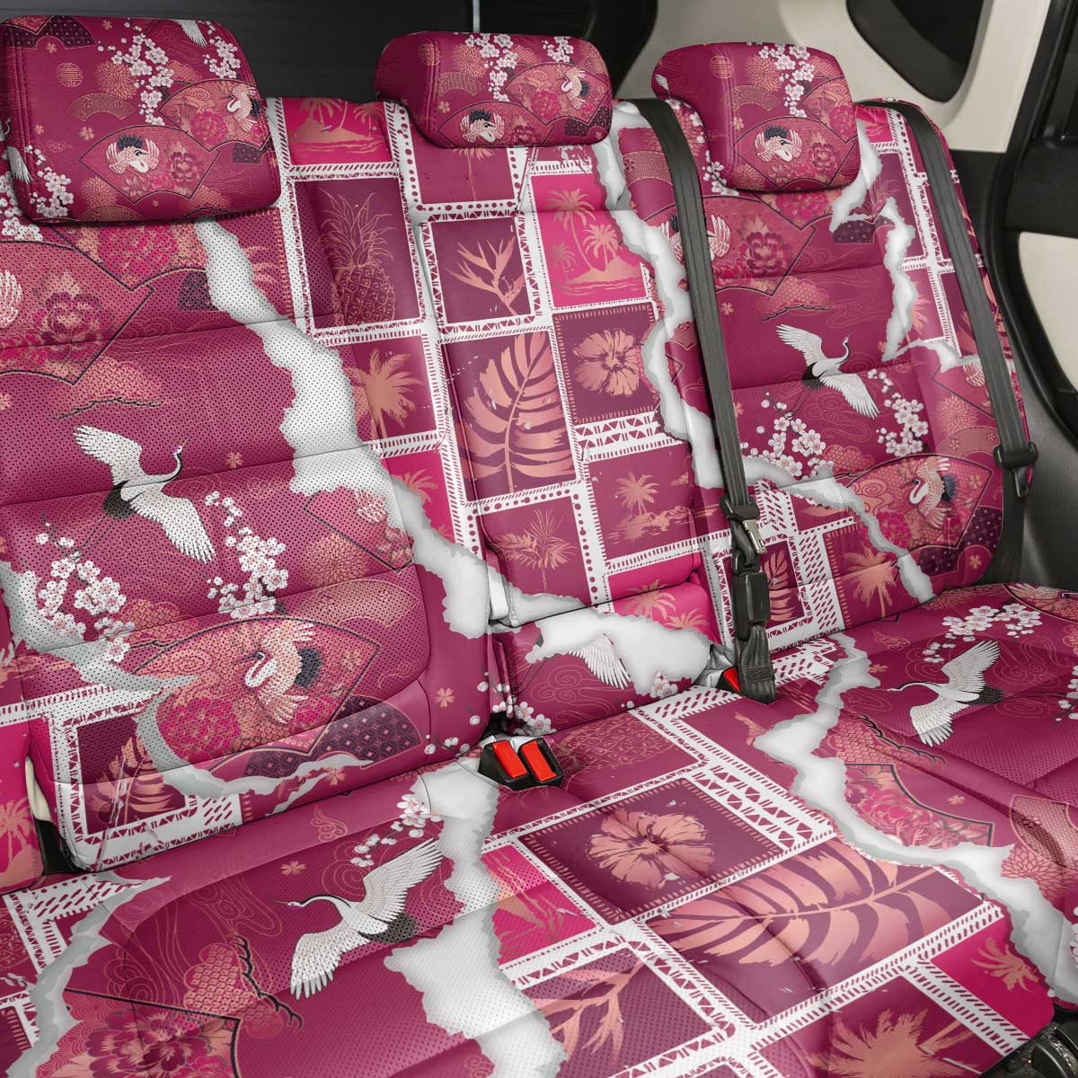 Hawaii Japanese Culture Pink Back Car Seat Cover Spring Cranes Aloha Pattern