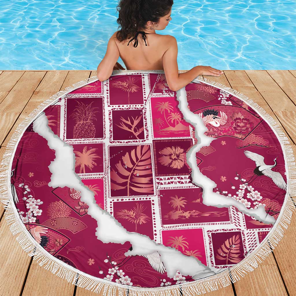 Hawaii Japanese Culture Pink Beach Blanket Spring Cranes Aloha Pattern