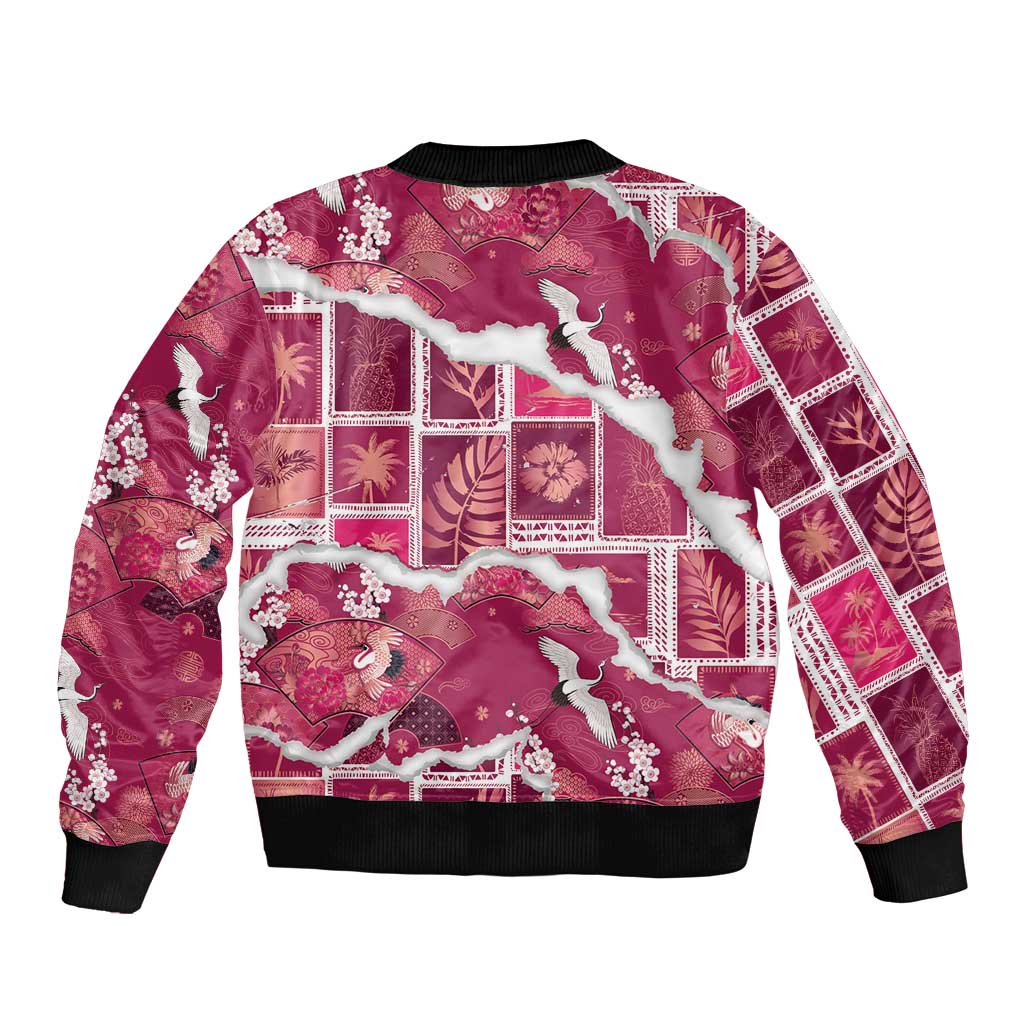 Hawaii Japanese Culture Pink Bomber Jacket Spring Cranes Aloha Pattern