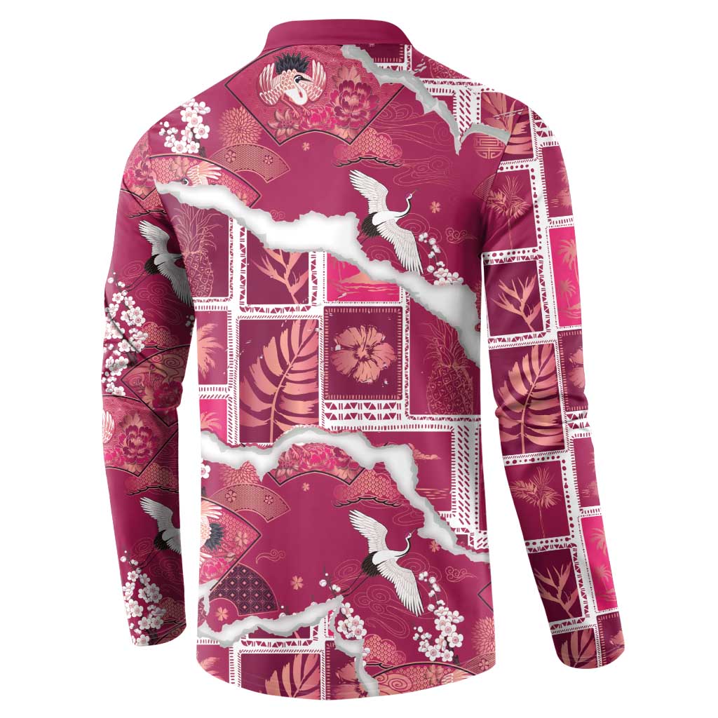 Hawaii Japanese Culture Pink Button Sweatshirt Spring Cranes Aloha Pattern