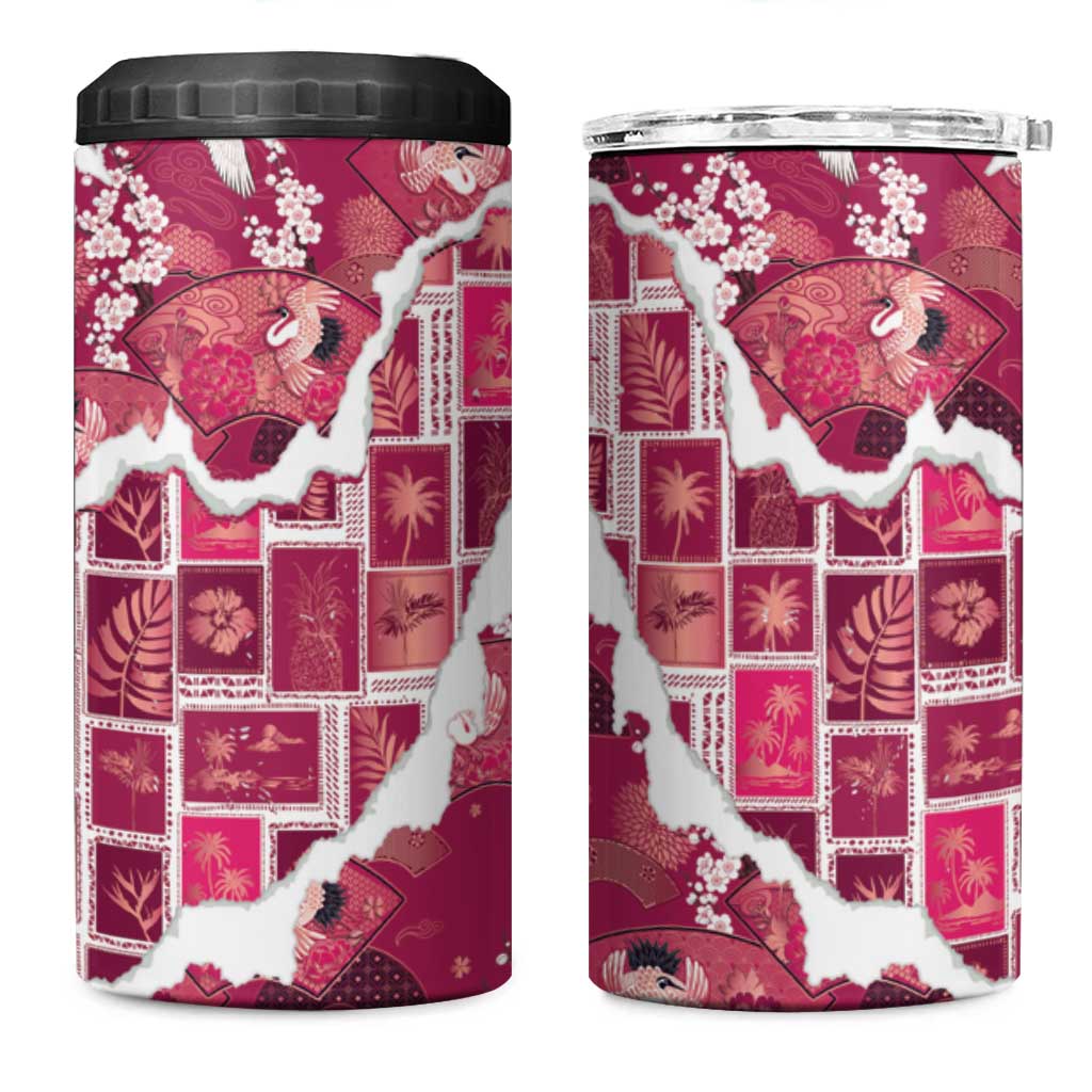 Hawaii Japanese Culture Pink 4 in 1 Can Cooler Tumbler Spring Cranes Aloha Pattern