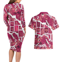 Hawaii Japanese Culture Pink Couples Matching Long Sleeve Bodycon Dress and Hawaiian Shirt Spring Cranes Aloha Pattern LT01 - Polynesian Pride