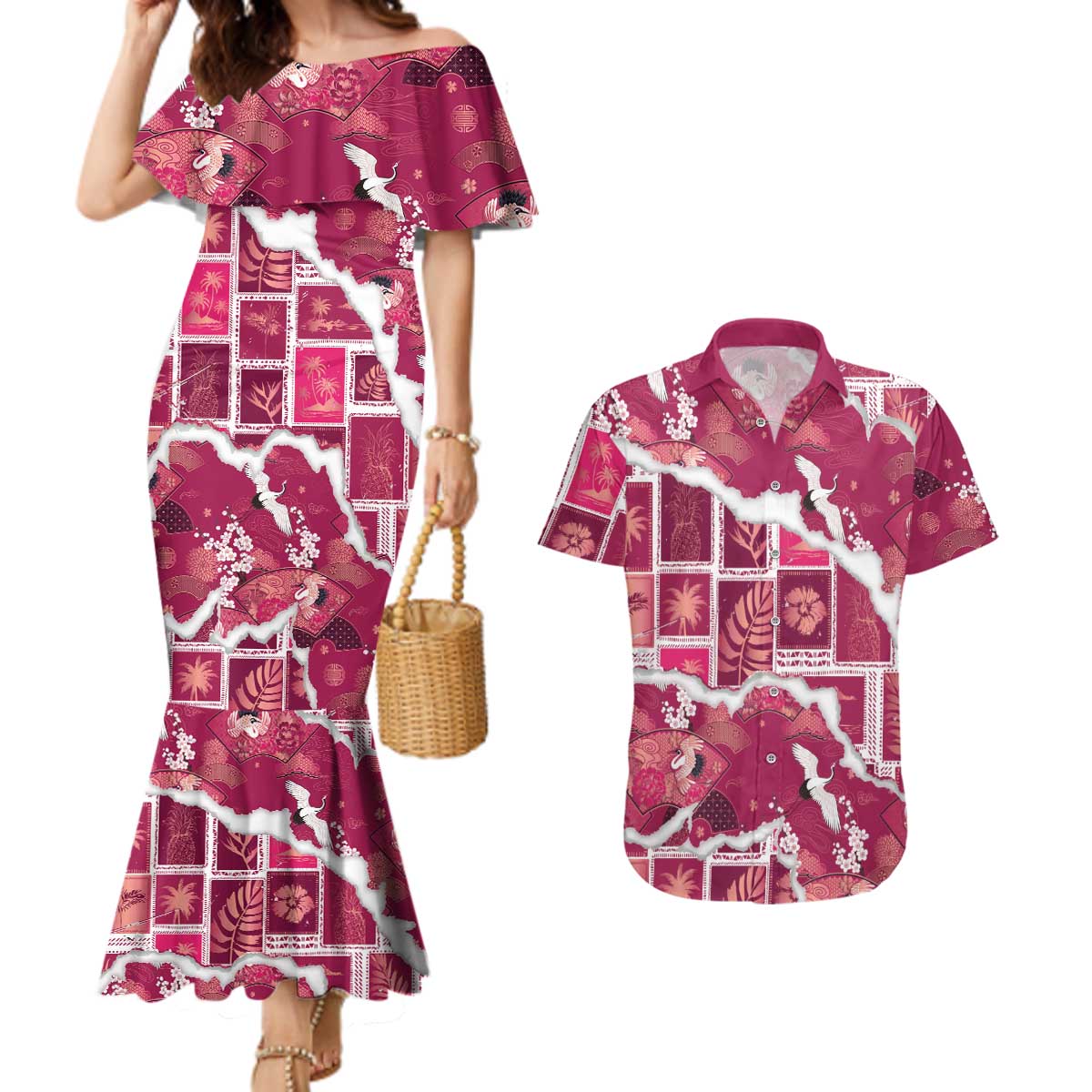 Hawaii Japanese Culture Pink Couples Matching Mermaid Dress and Hawaiian Shirt Spring Cranes Aloha Pattern