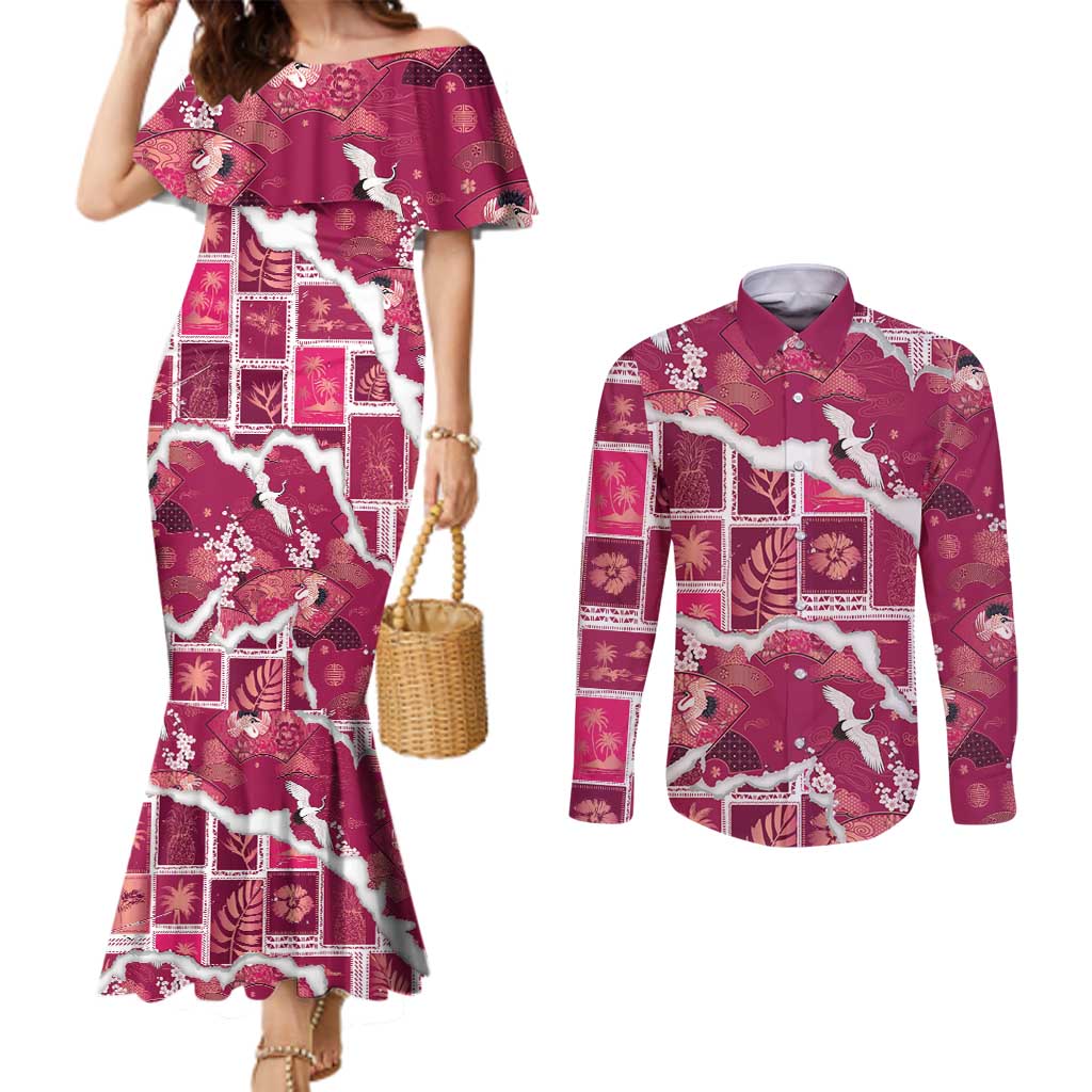 Hawaii Japanese Culture Pink Couples Matching Mermaid Dress and Long Sleeve Button Shirt Spring Cranes Aloha Pattern