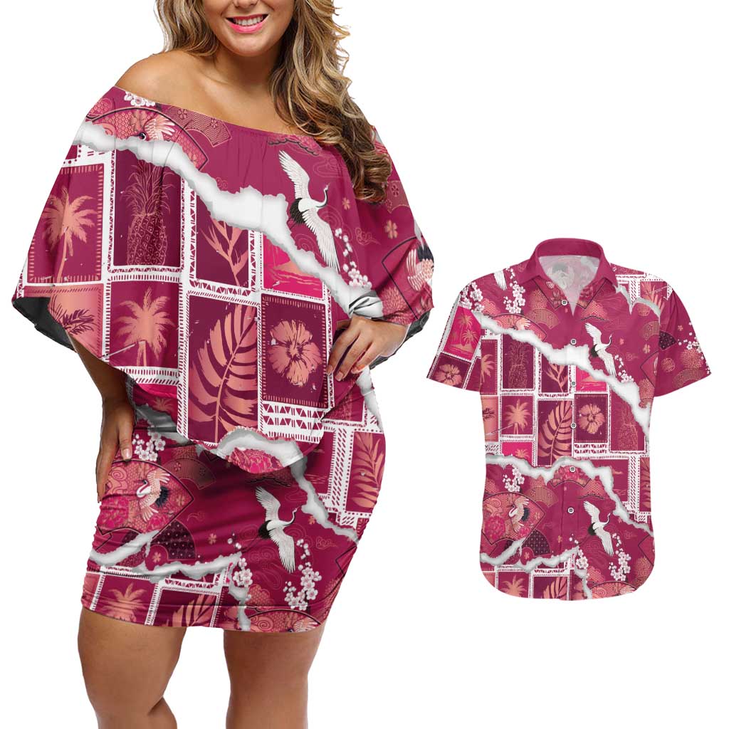 Hawaii Japanese Culture Pink Couples Matching Off Shoulder Short Dress and Hawaiian Shirt Spring Cranes Aloha Pattern LT01 Pink - Polynesian Pride