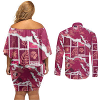 Hawaii Japanese Culture Pink Couples Matching Off Shoulder Short Dress and Long Sleeve Button Shirt Spring Cranes Aloha Pattern