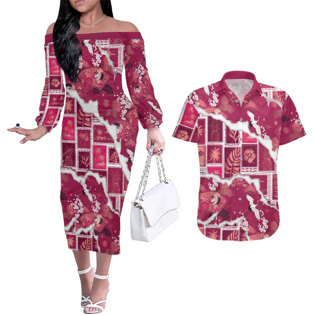 Hawaii Japanese Culture Pink Couples Matching Off The Shoulder Long Sleeve Dress and Hawaiian Shirt Spring Cranes Aloha Pattern LT01 Pink - Polynesian Pride