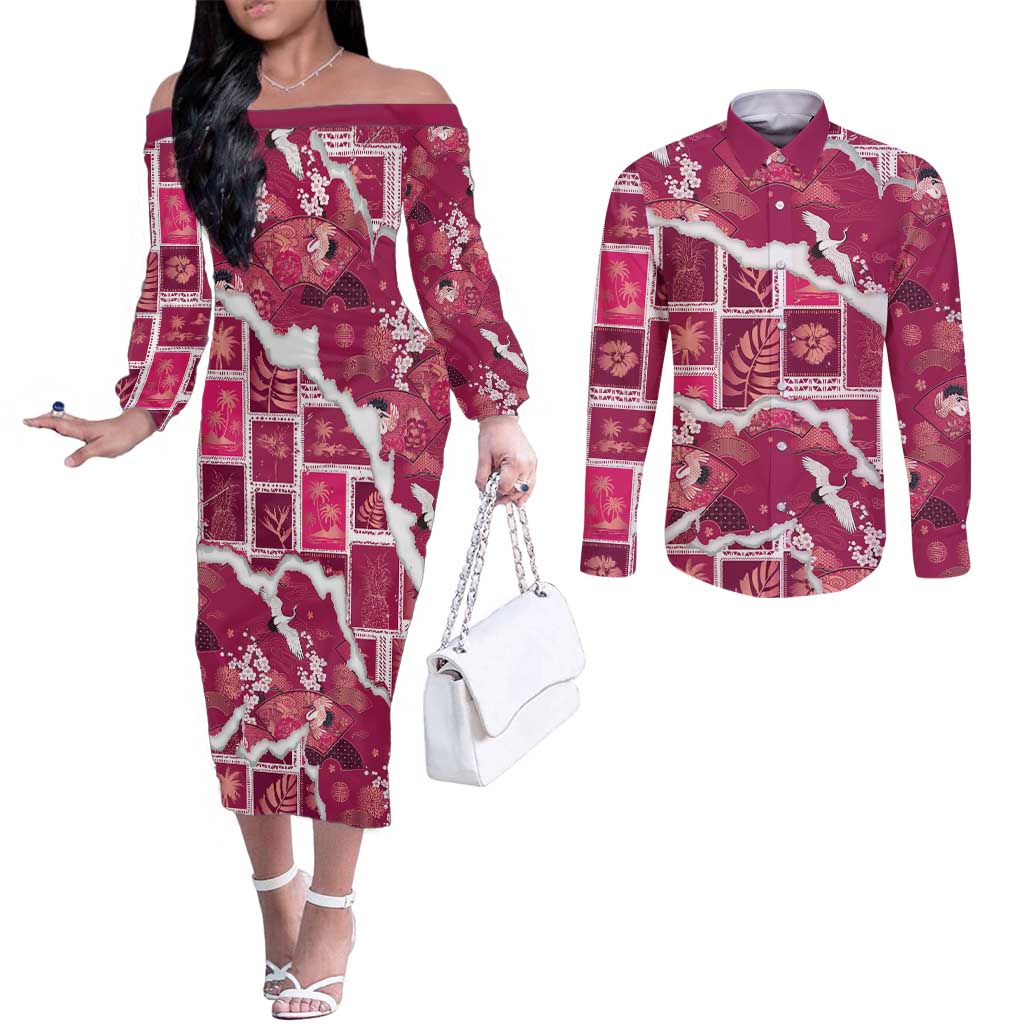 Hawaii Japanese Culture Pink Couples Matching Off The Shoulder Long Sleeve Dress and Long Sleeve Button Shirt Spring Cranes Aloha Pattern LT01 Pink - Polynesian Pride