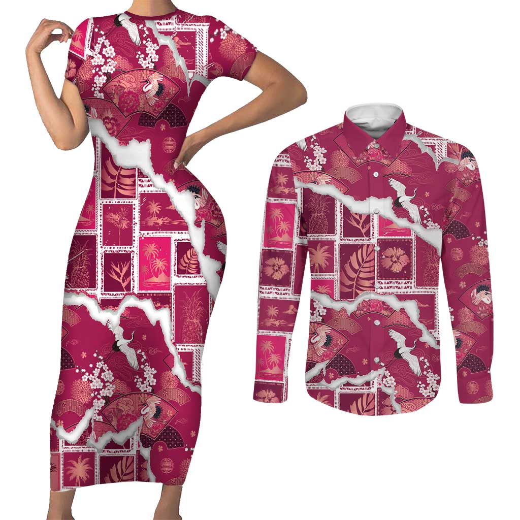 Hawaii Japanese Culture Pink Couples Matching Short Sleeve Bodycon Dress and Long Sleeve Button Shirt Spring Cranes Aloha Pattern
