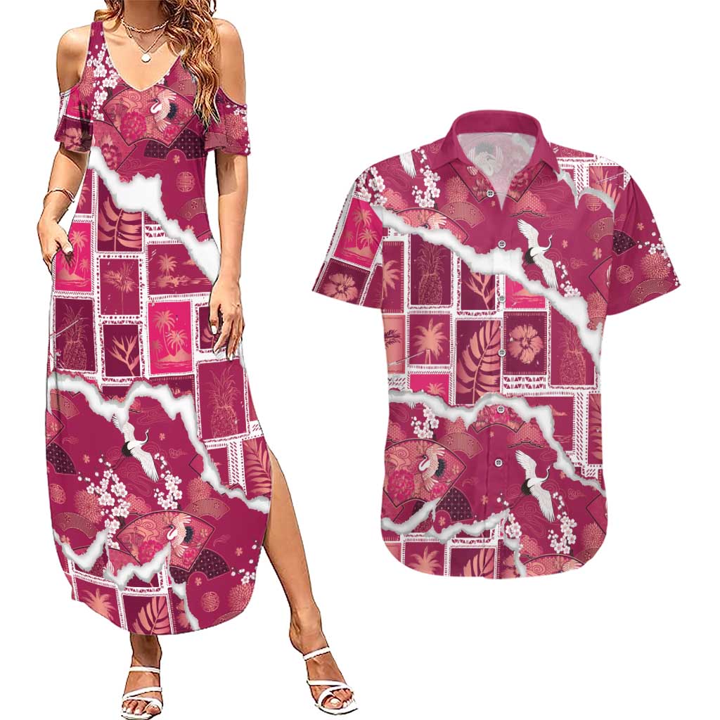 Hawaii Japanese Culture Pink Couples Matching Summer Maxi Dress and Hawaiian Shirt Spring Cranes Aloha Pattern LT01 Pink - Polynesian Pride