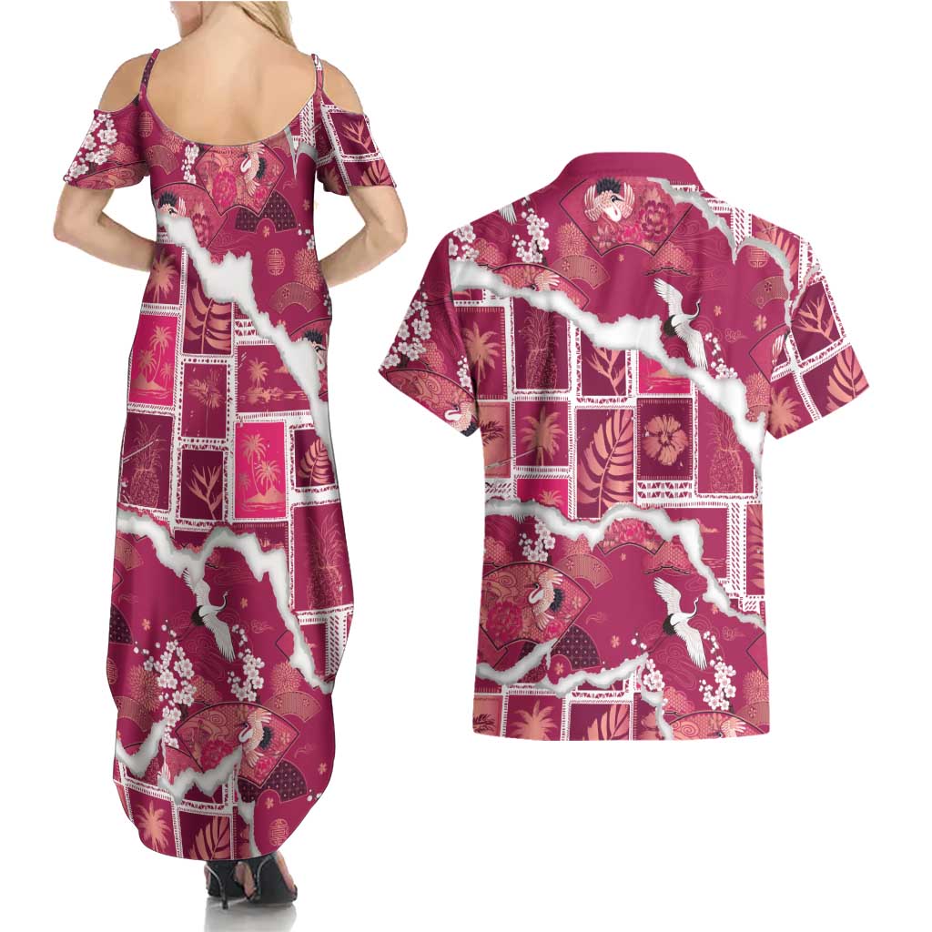 Hawaii Japanese Culture Pink Couples Matching Summer Maxi Dress and Hawaiian Shirt Spring Cranes Aloha Pattern LT01 - Polynesian Pride