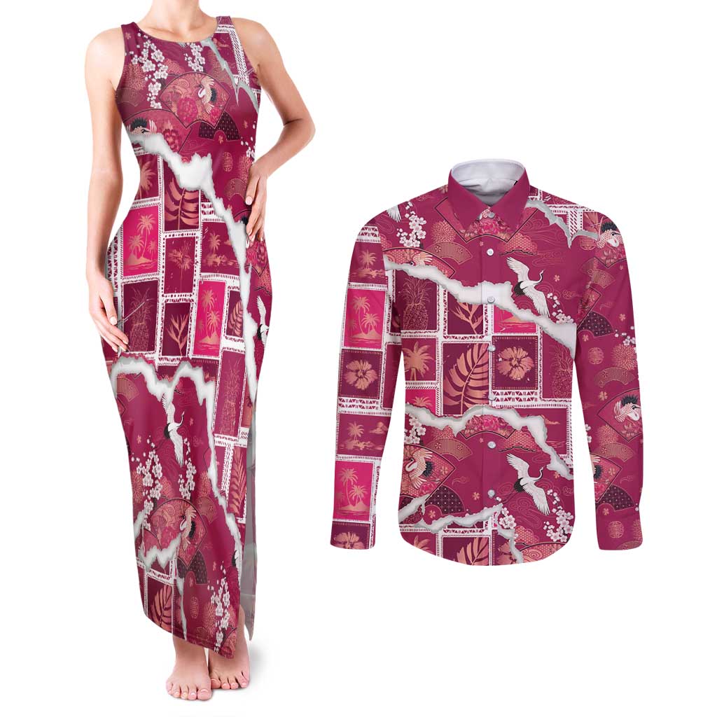 Hawaii Japanese Culture Pink Couples Matching Tank Maxi Dress and Long Sleeve Button Shirt Spring Cranes Aloha Pattern