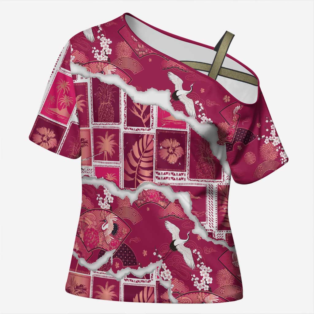Hawaii Japanese Culture Pink Cross Shoulder Shirt Spring Cranes Aloha Pattern