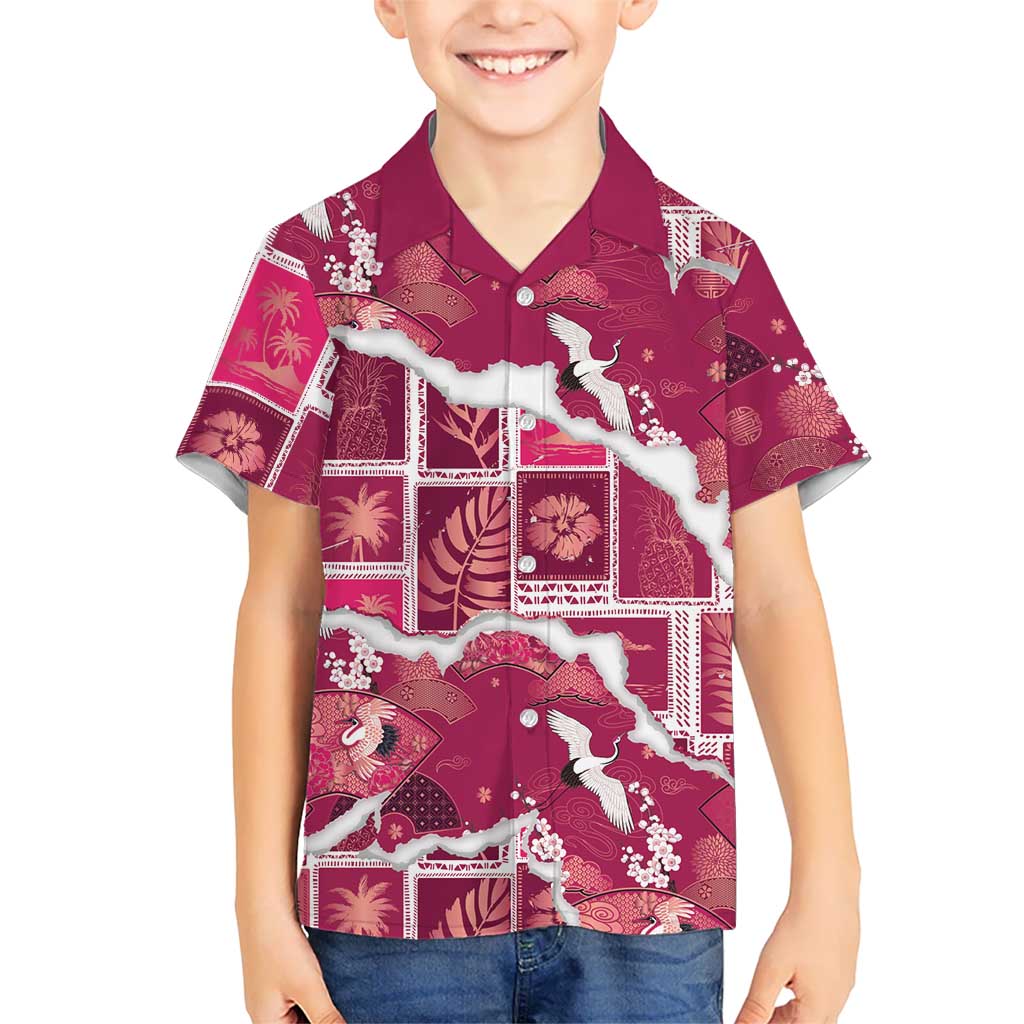 Hawaii Japanese Culture Pink Family Matching Long Sleeve Bodycon Dress and Hawaiian Shirt Spring Cranes Aloha Pattern LT01 Son's Shirt Pink - Polynesian Pride