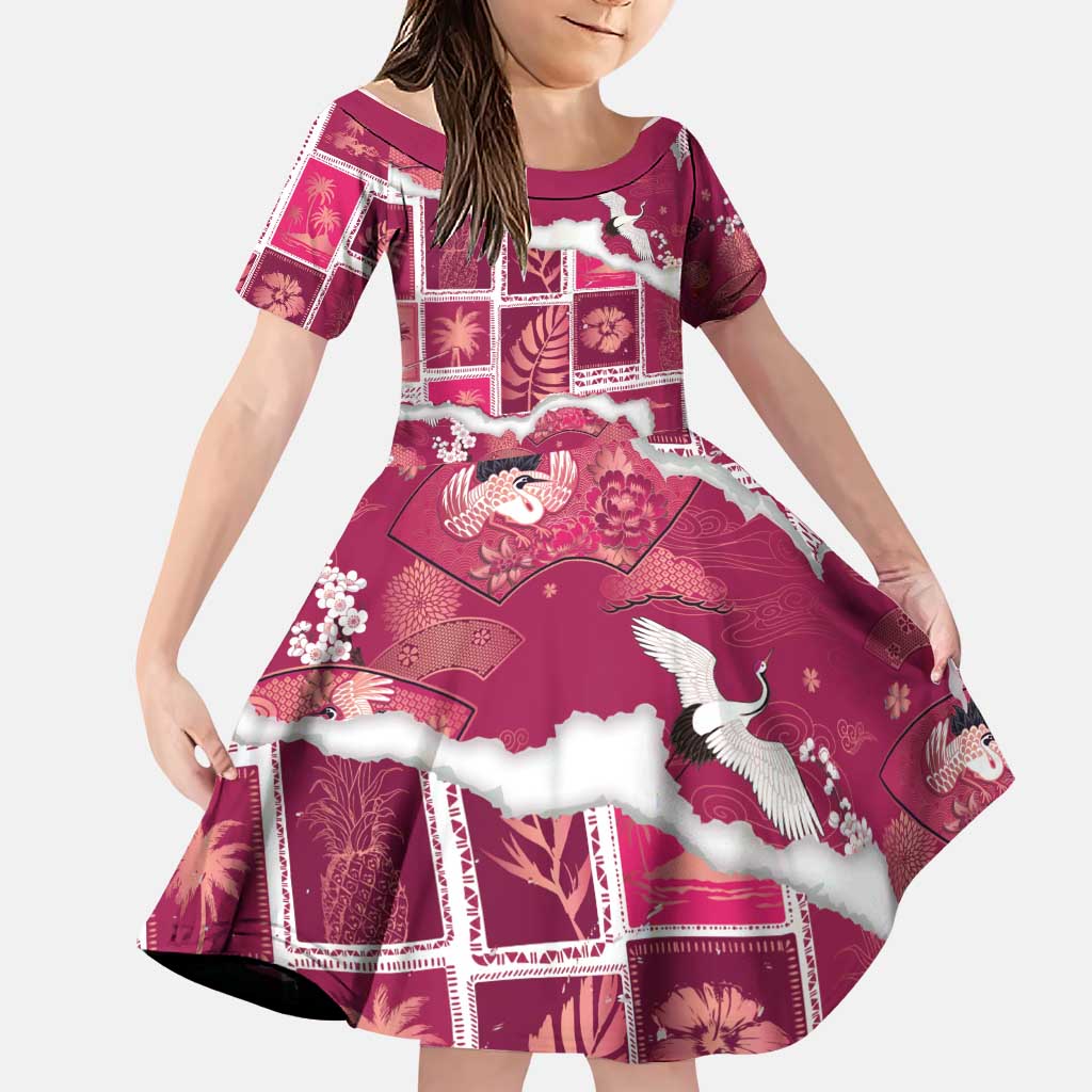 Hawaii Japanese Culture Pink Family Matching Mermaid Dress and Hawaiian Shirt Spring Cranes Aloha Pattern LT01 Daughter's Dress Pink - Polynesian Pride
