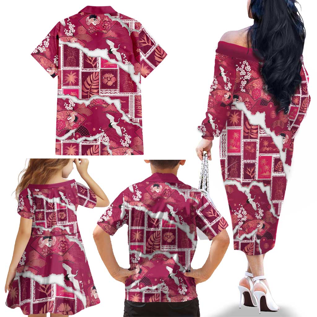 Hawaii Japanese Culture Pink Family Matching Off The Shoulder Long Sleeve Dress and Hawaiian Shirt Spring Cranes Aloha Pattern LT01 - Polynesian Pride