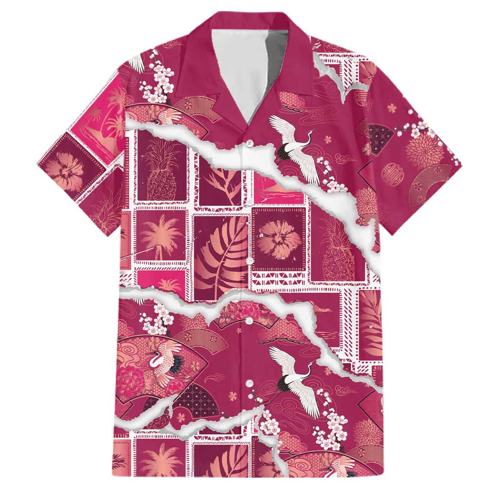 Hawaii Japanese Culture Pink Family Matching Off The Shoulder Long Sleeve Dress and Hawaiian Shirt Spring Cranes Aloha Pattern LT01 Dad's Shirt - Short Sleeve Pink - Polynesian Pride
