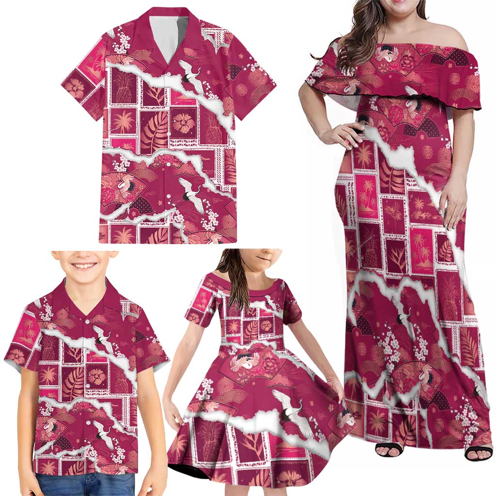 Hawaii Japanese Culture Pink Family Matching Off Shoulder Maxi Dress and Hawaiian Shirt Spring Cranes Aloha Pattern LT01 - Polynesian Pride