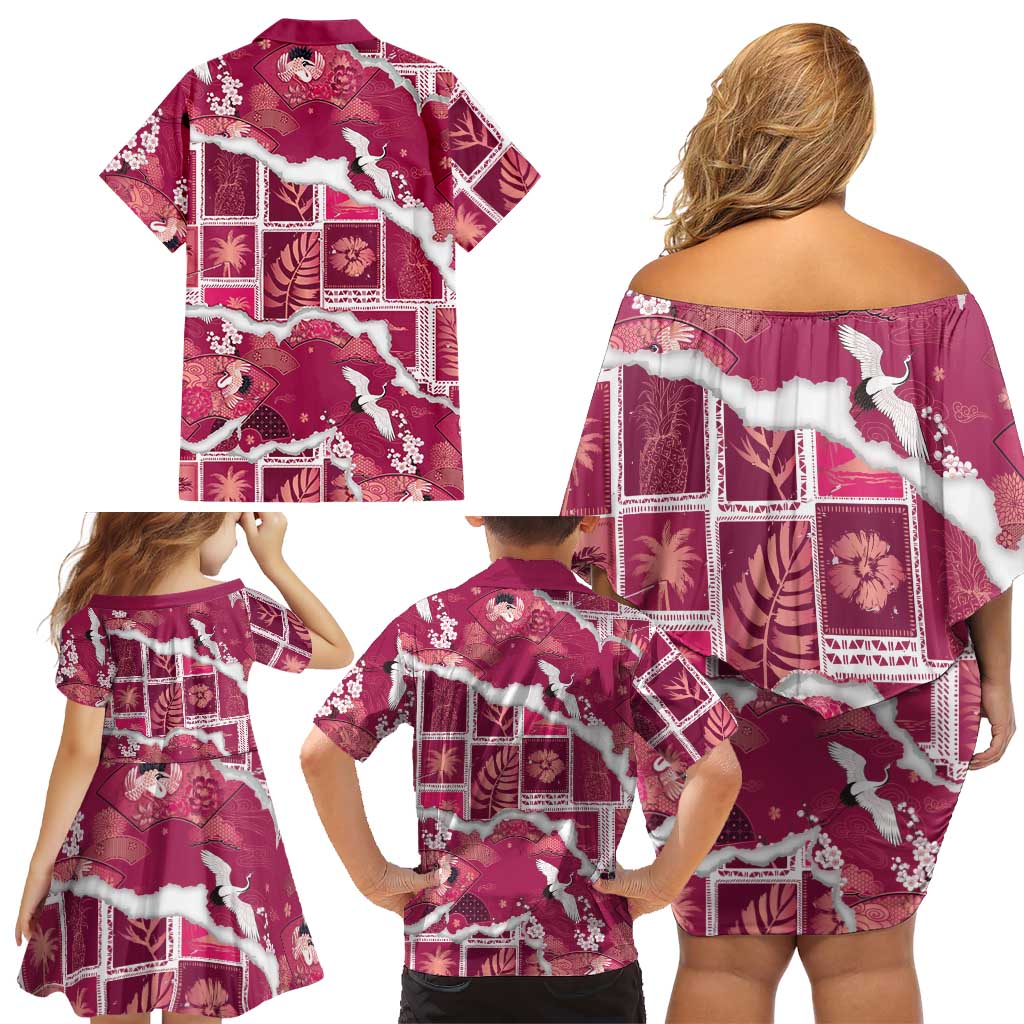 Hawaii Japanese Culture Pink Family Matching Off Shoulder Short Dress and Hawaiian Shirt Spring Cranes Aloha Pattern LT01 - Polynesian Pride