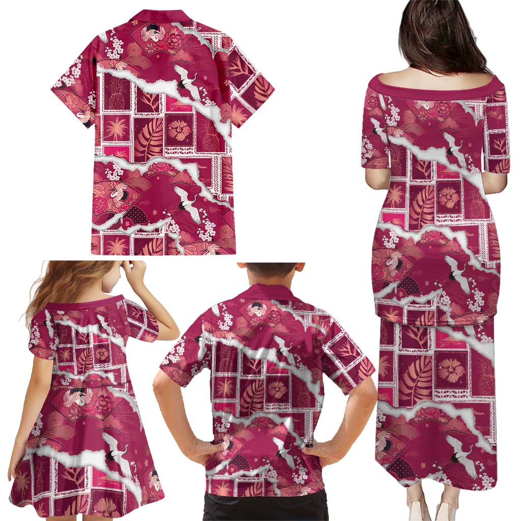 Hawaii Japanese Culture Pink Family Matching Puletasi and Hawaiian Shirt Spring Cranes Aloha Pattern LT01 - Polynesian Pride