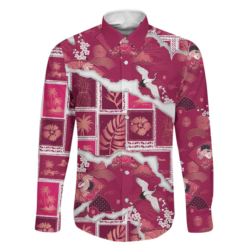 Hawaii Japanese Culture Pink Family Matching Puletasi and Hawaiian Shirt Spring Cranes Aloha Pattern LT01 Dad's Shirt - Long Sleeve Pink - Polynesian Pride