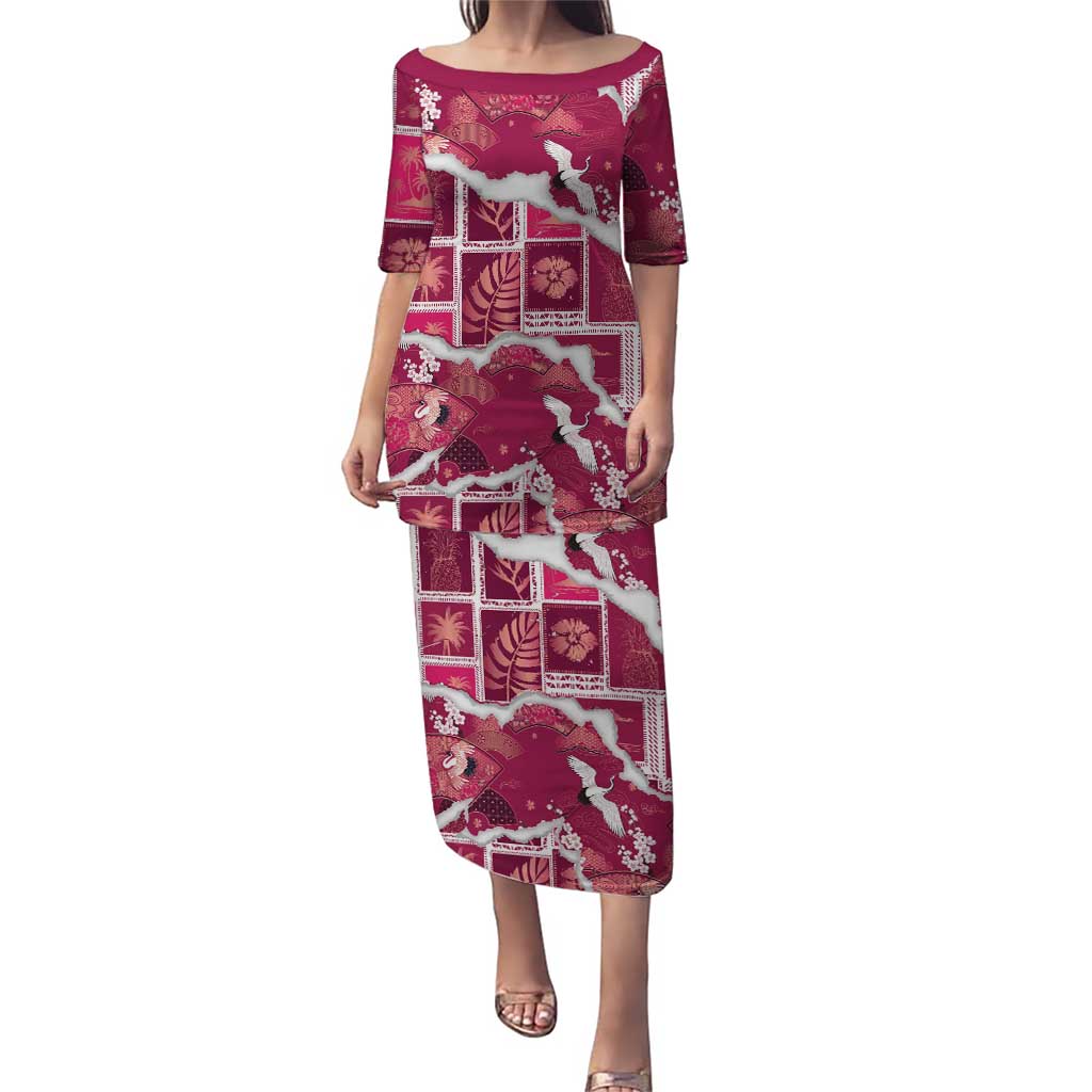 Hawaii Japanese Culture Pink Family Matching Puletasi and Hawaiian Shirt Spring Cranes Aloha Pattern LT01 Mom's Dress Pink - Polynesian Pride