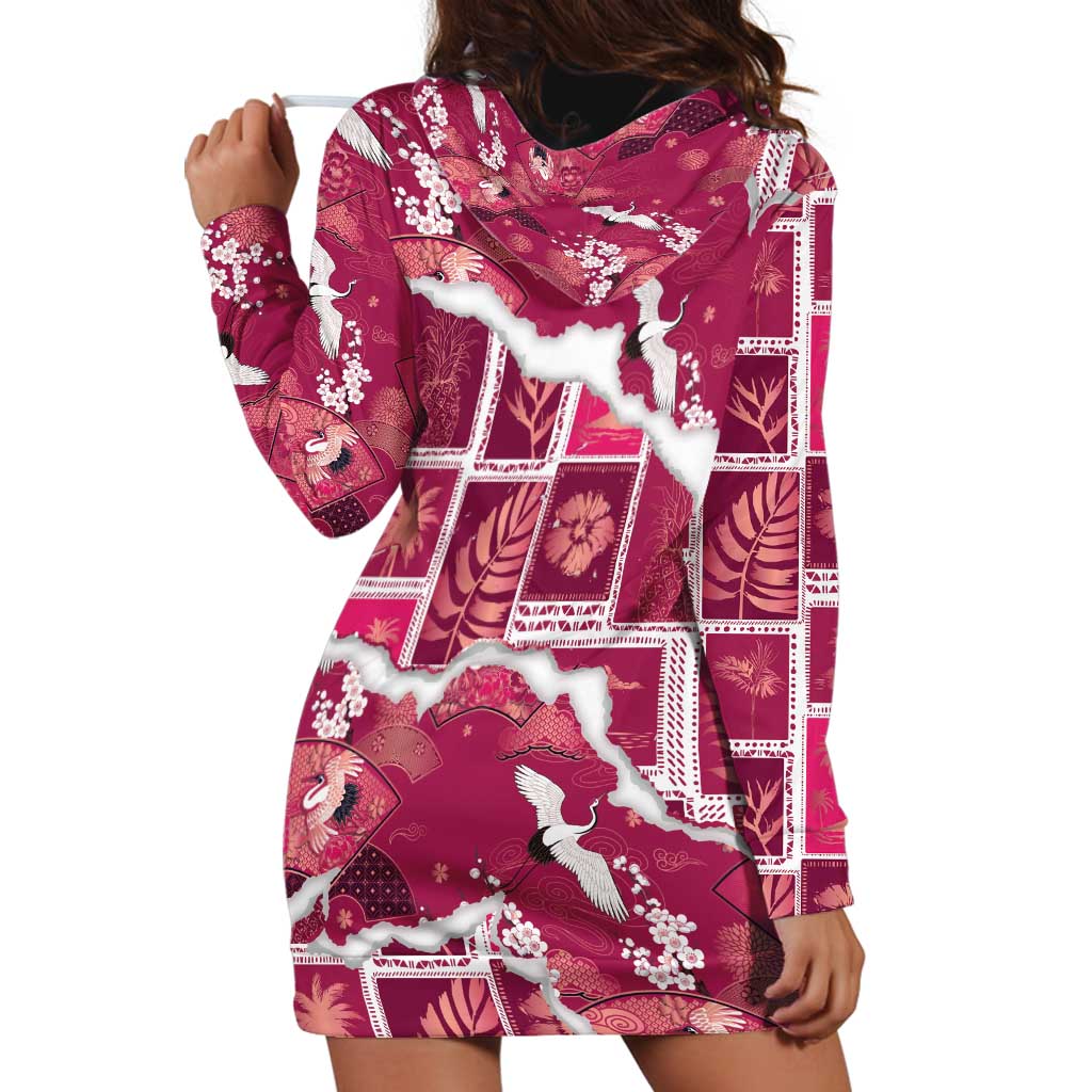 Hawaii Japanese Culture Pink Hoodie Dress Spring Cranes Aloha Pattern