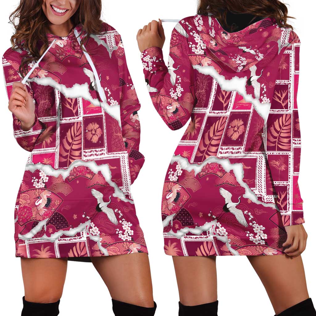 Hawaii Japanese Culture Pink Hoodie Dress Spring Cranes Aloha Pattern