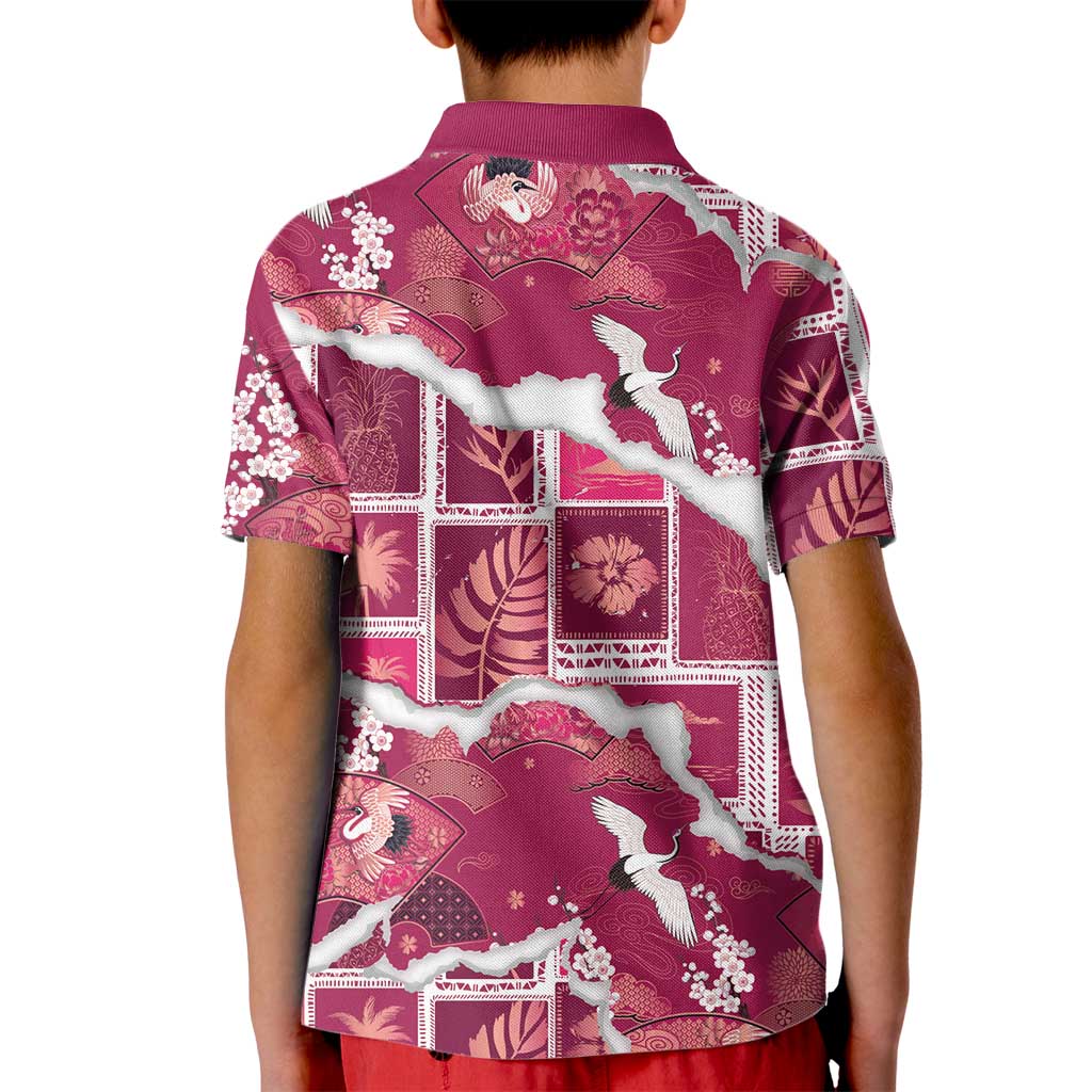 Hawaii Japanese Culture Pink Kid Polo Shirt Spring Cranes Aloha Pattern