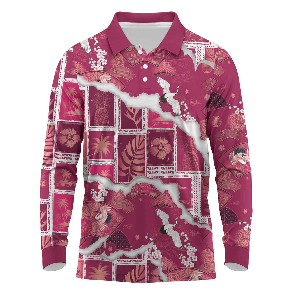Hawaii Japanese Culture Pink Long Sleeve Polo Shirt Spring Cranes Aloha Pattern