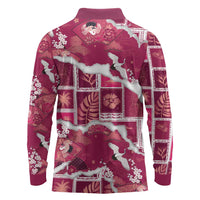 Hawaii Japanese Culture Pink Long Sleeve Polo Shirt Spring Cranes Aloha Pattern