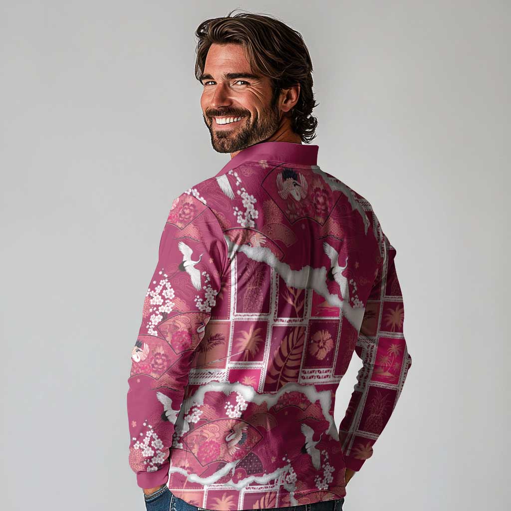 Hawaii Japanese Culture Pink Long Sleeve Polo Shirt Spring Cranes Aloha Pattern