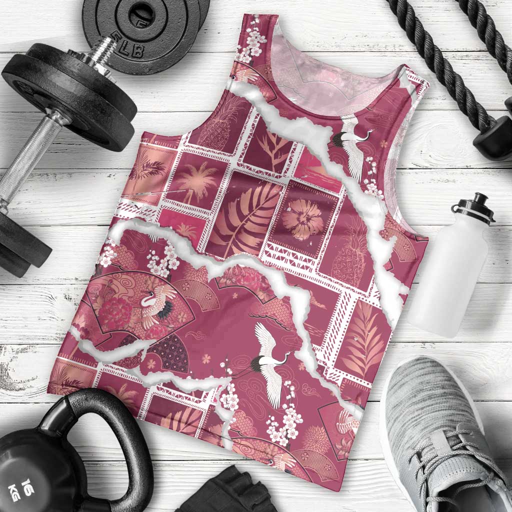 Hawaii Japanese Culture Pink Men Tank Top Spring Cranes Aloha Pattern LT01 - Polynesian Pride
