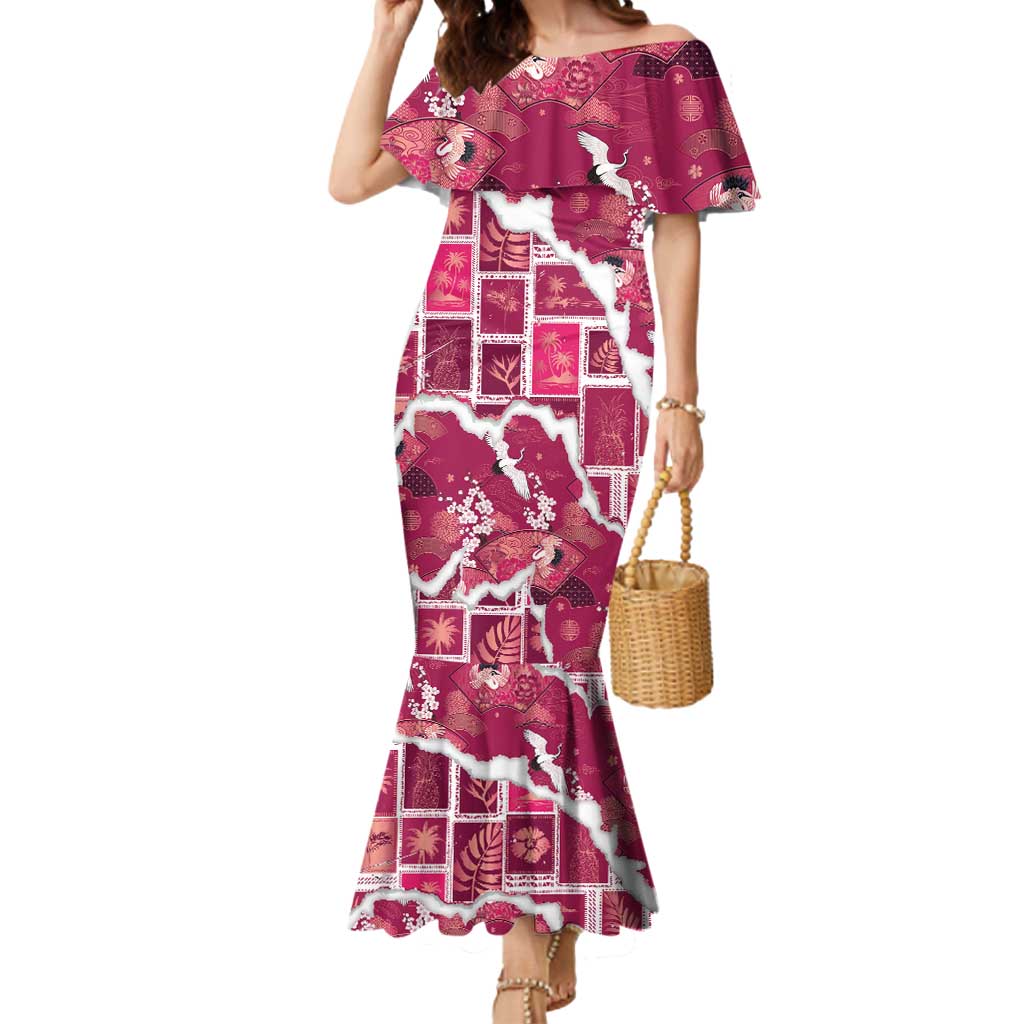 Hawaii Japanese Culture Pink Mermaid Dress Spring Cranes Aloha Pattern