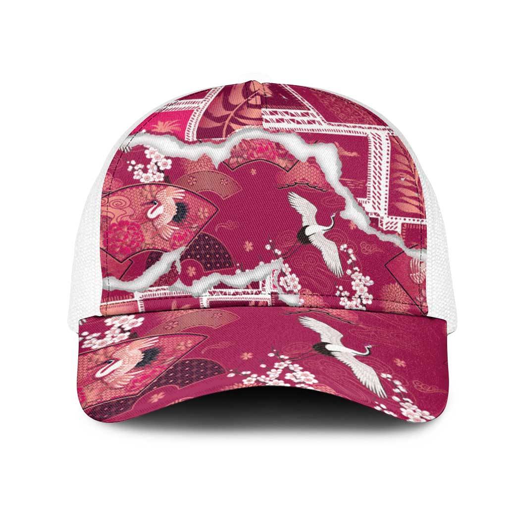 Hawaii Japanese Culture Pink Mesh Trucker Cap Spring Cranes Aloha Pattern