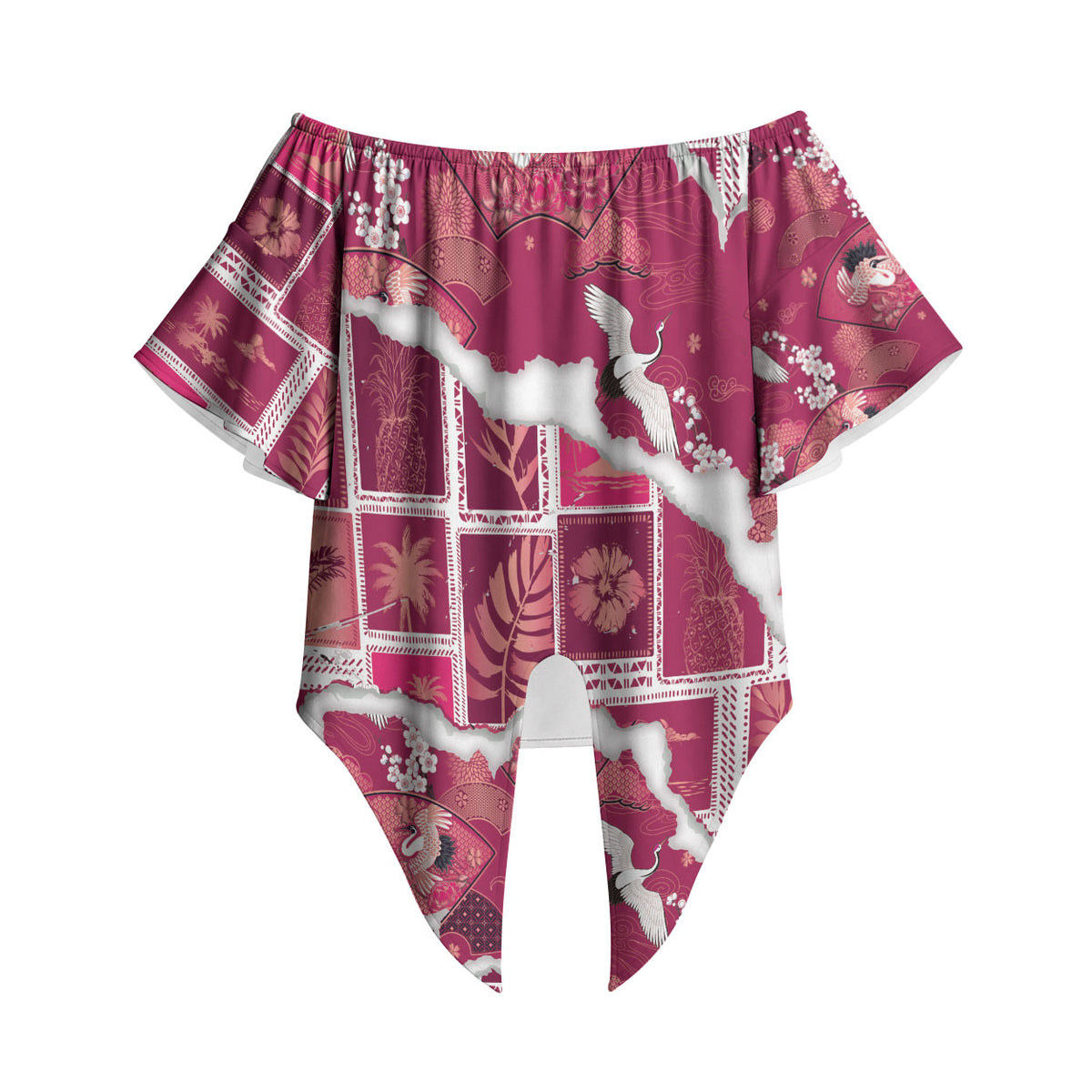 Hawaii Japanese Culture Pink Off Shoulder Wrap Waist Top Spring Cranes Aloha Pattern LT01 Pink - Polynesian Pride