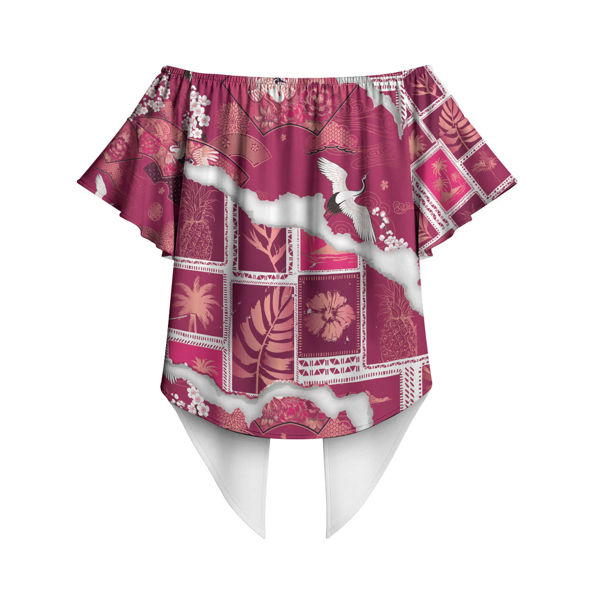Hawaii Japanese Culture Pink Off Shoulder Wrap Waist Top Spring Cranes Aloha Pattern LT01 - Polynesian Pride